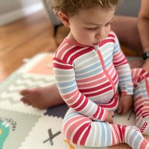 Kickee Pants Red Pink and Blue Striped Kids Footie with Grips 12-18 MTHS